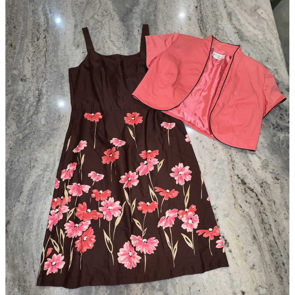 VTG Y2K Studio I Women's Sz 12 Petit Brown Pink Floral Dress w Short Jacket Prep